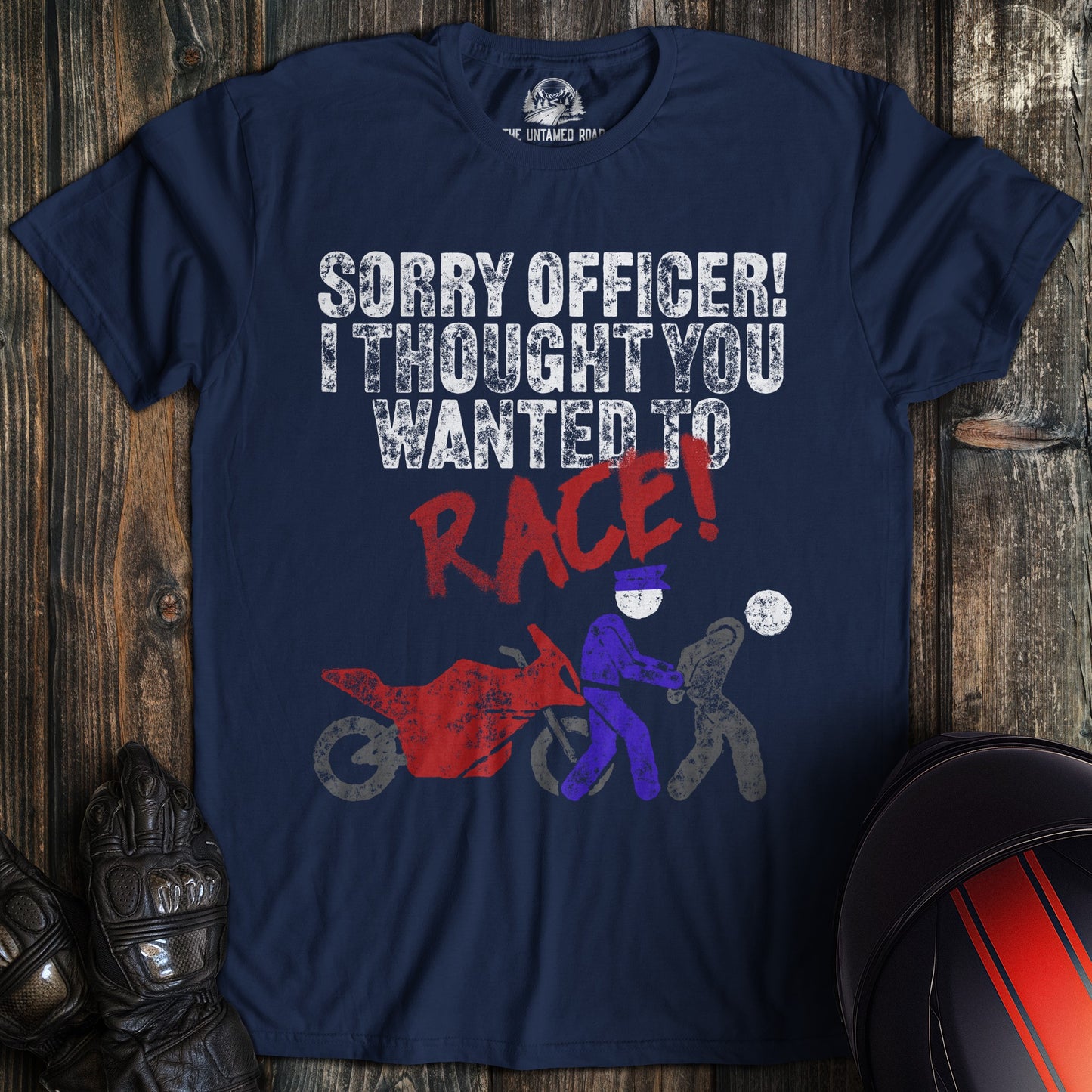 A navy colored t-shirt with the words "officer race" printed on the front.