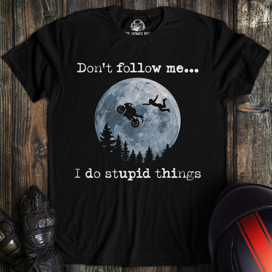 A black colored t-shirt with the words "dont follow me sportbike" printed on the front.