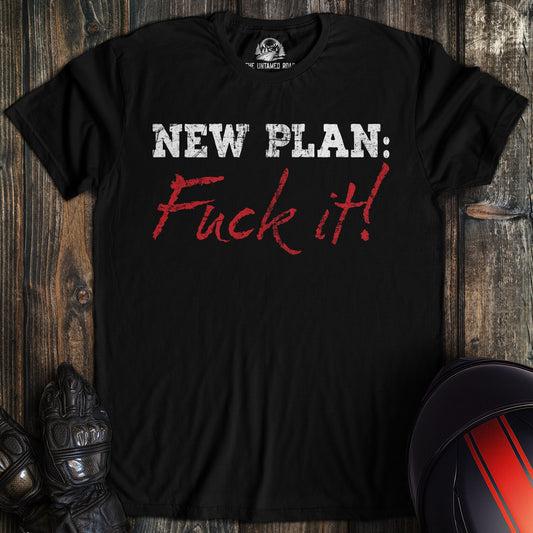 A black colored t-shirt with the words "new plan" printed on the front.