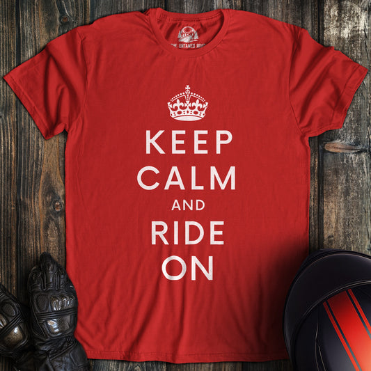 A red colored t-shirt with the words "keep calm" printed on the front.
