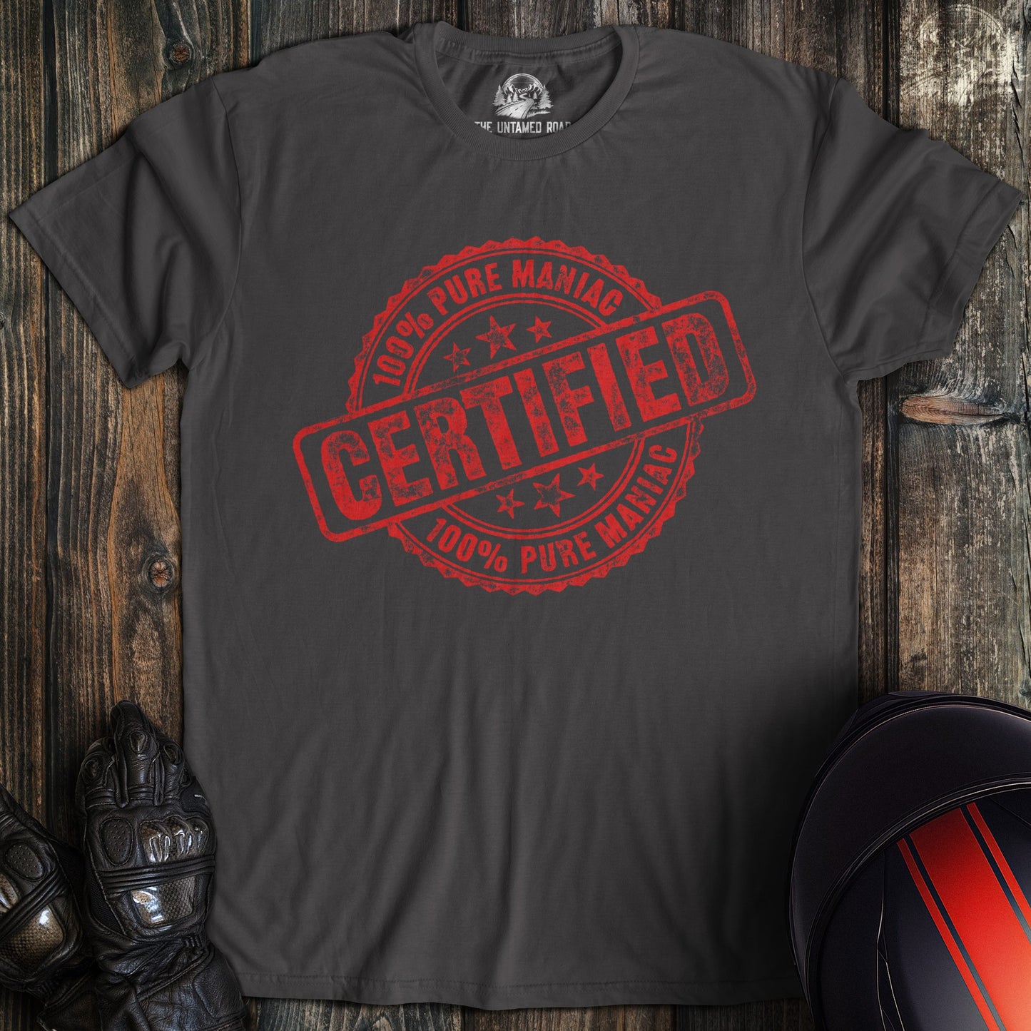 A charcoal colored t-shirt with the words "certified" printed on the front.