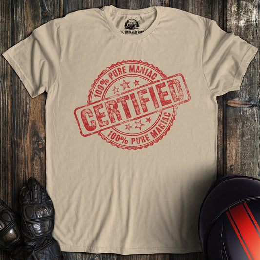 A sand colored t-shirt with the words "certified" printed on the front.