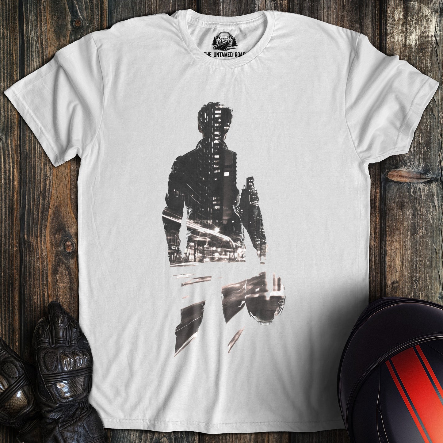 A white colored t-shirt with the words "double exp city 01" printed on the front.