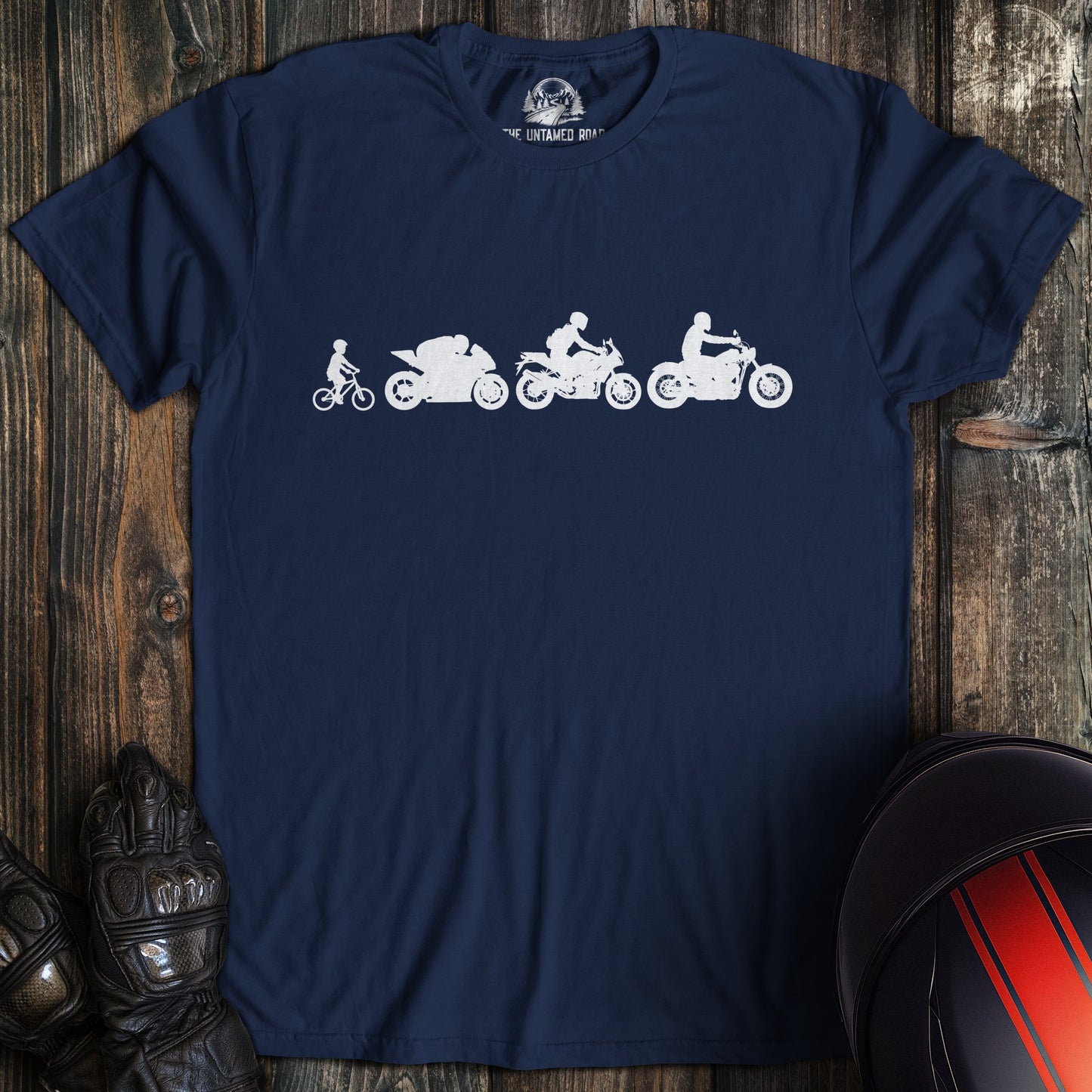 A navy colored t-shirt with the words "biker evolution" printed on the front.