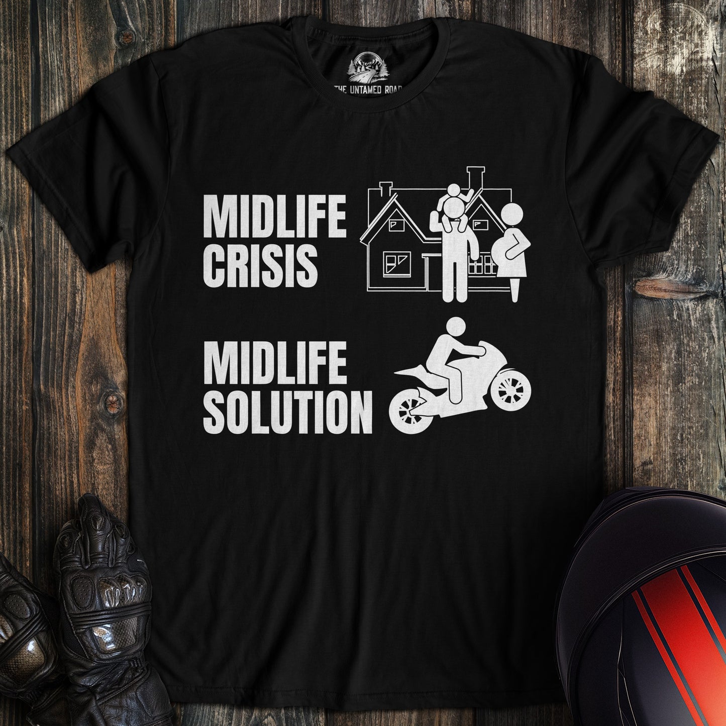 A black colored t-shirt with the words "midlife crisis solution" printed on the front.