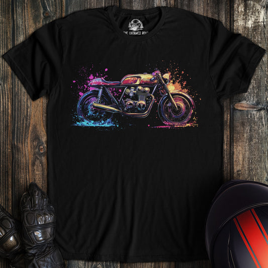 A black colored t-shirt with the words "pop art cafe racer" printed on the front.