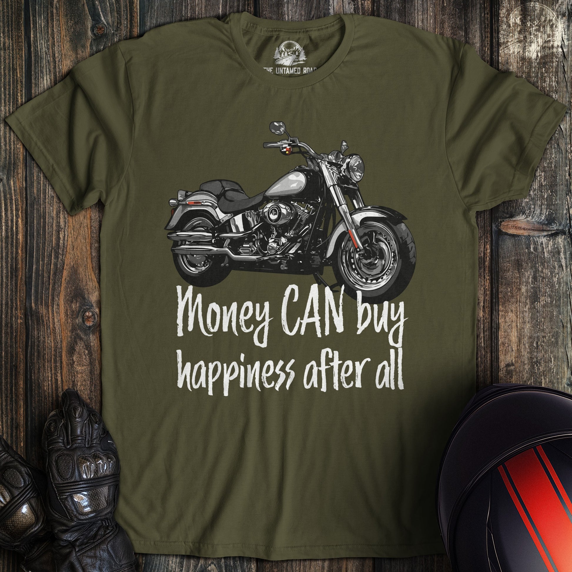 A military green colored t-shirt with the words "money can buy happiness" printed on the front.