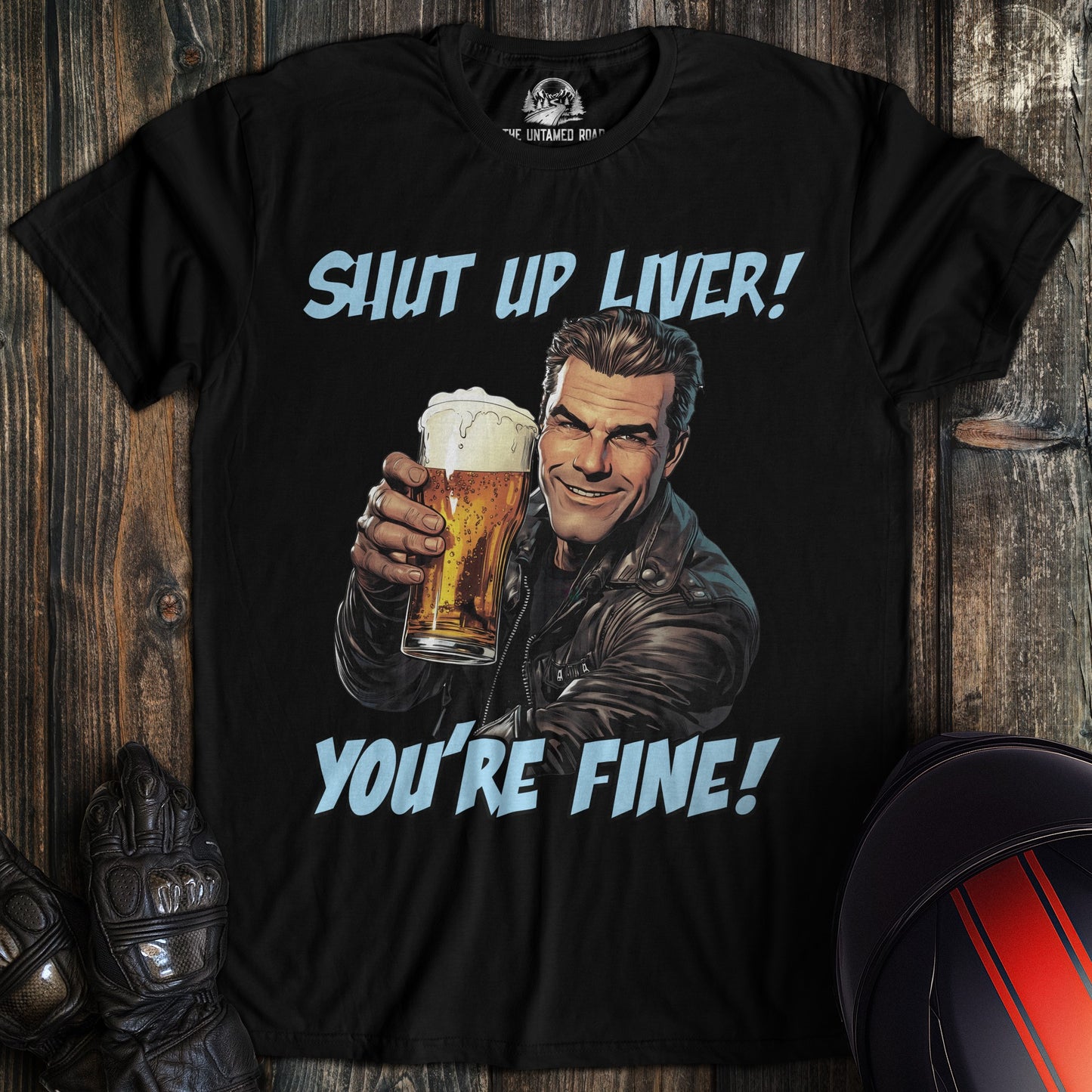 A black colored t-shirt with the words "shut up liver" printed on the front.