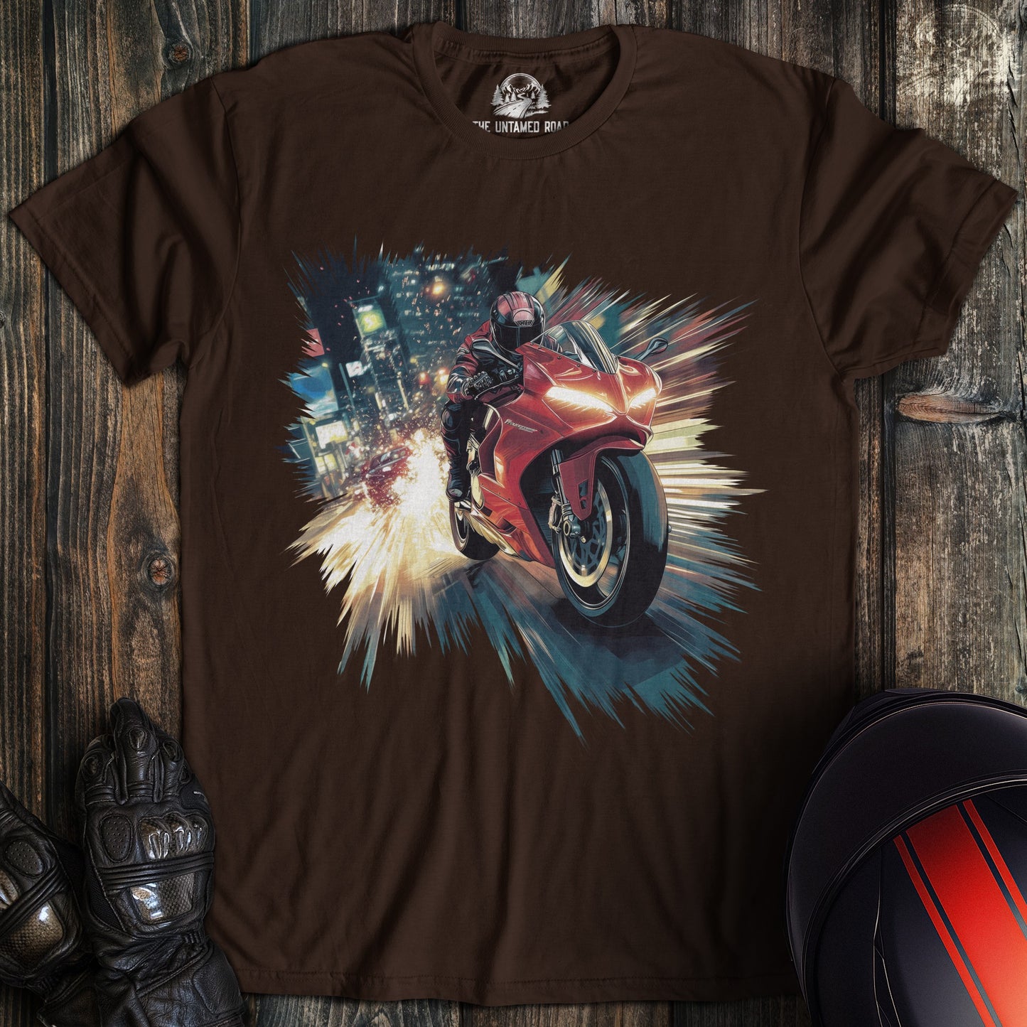 A dark chocolate colored t-shirt with the words "city duke" printed on the front.