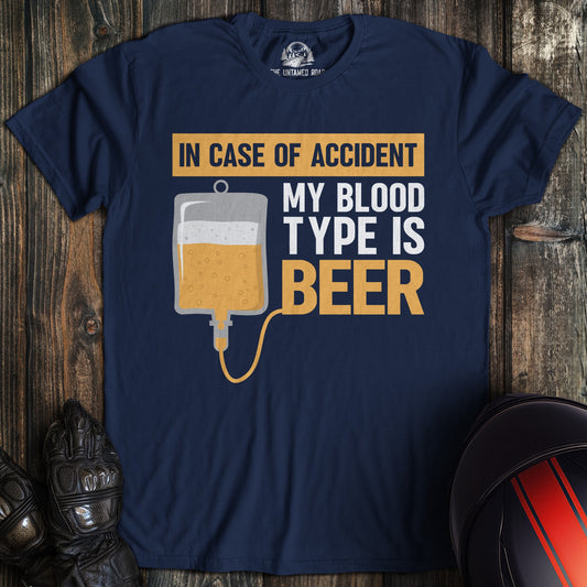 A navy colored t-shirt with the words "blood type beer" printed on the front.
