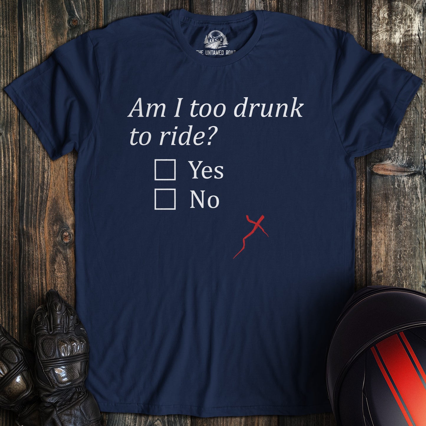 A navy colored t-shirt with the words "too drunk to ride" printed on the front.