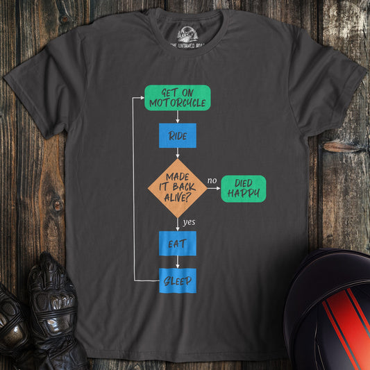 A charcoal colored t-shirt with the words "died happy flow chart" printed on the front.