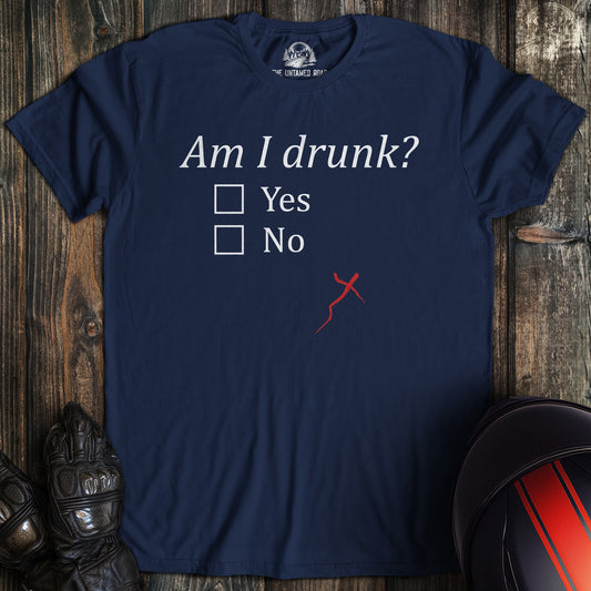 A navy colored t-shirt with the words "my riding scares me too" printed on the front.