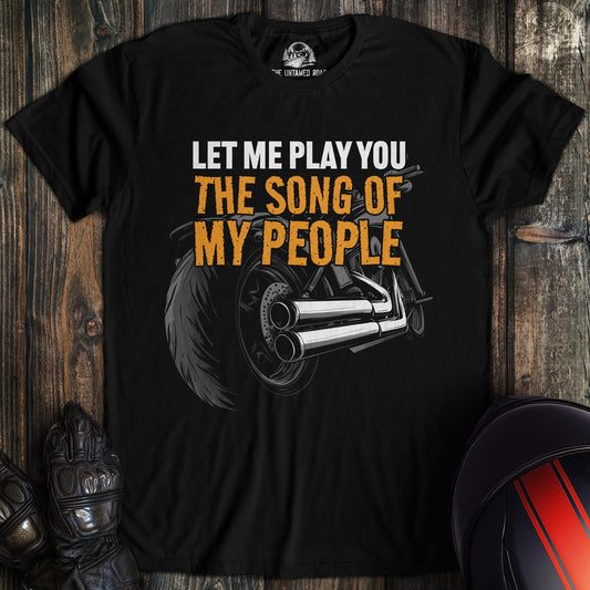 A black colored t-shirt with the words "song of my people" printed on the front.
