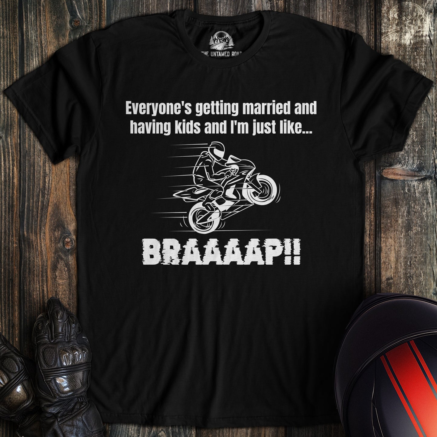 A black colored t-shirt with the words "just like braaap" printed on the front.