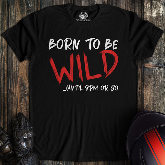 A black colored t-shirt with the words "born to be wild" printed on the front.