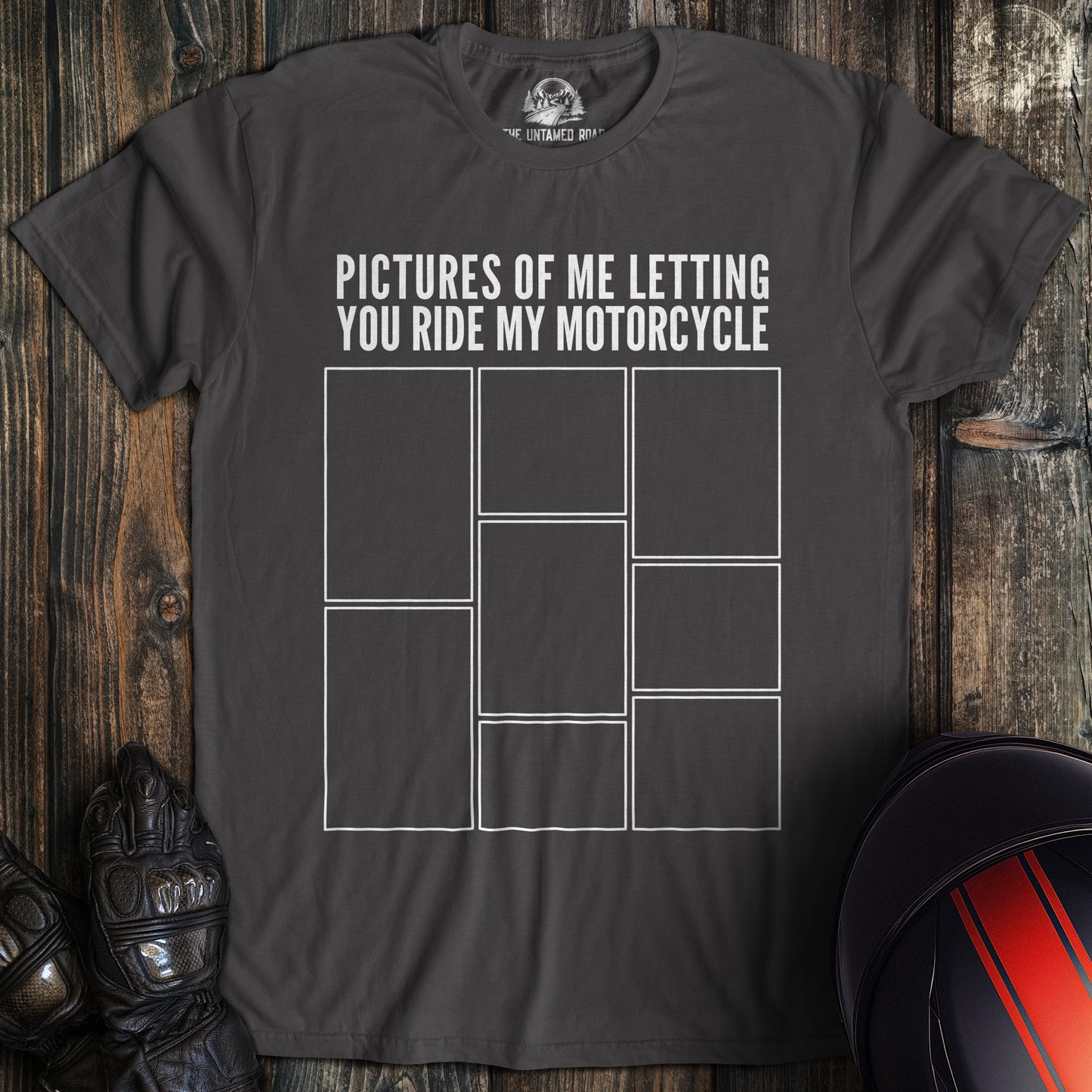 A charcoal colored t-shirt with the words "letting you ride" printed on the front.