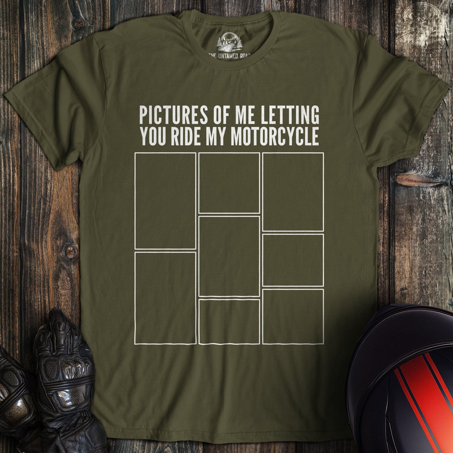 A military green colored t-shirt with the words "letting you ride" printed on the front.