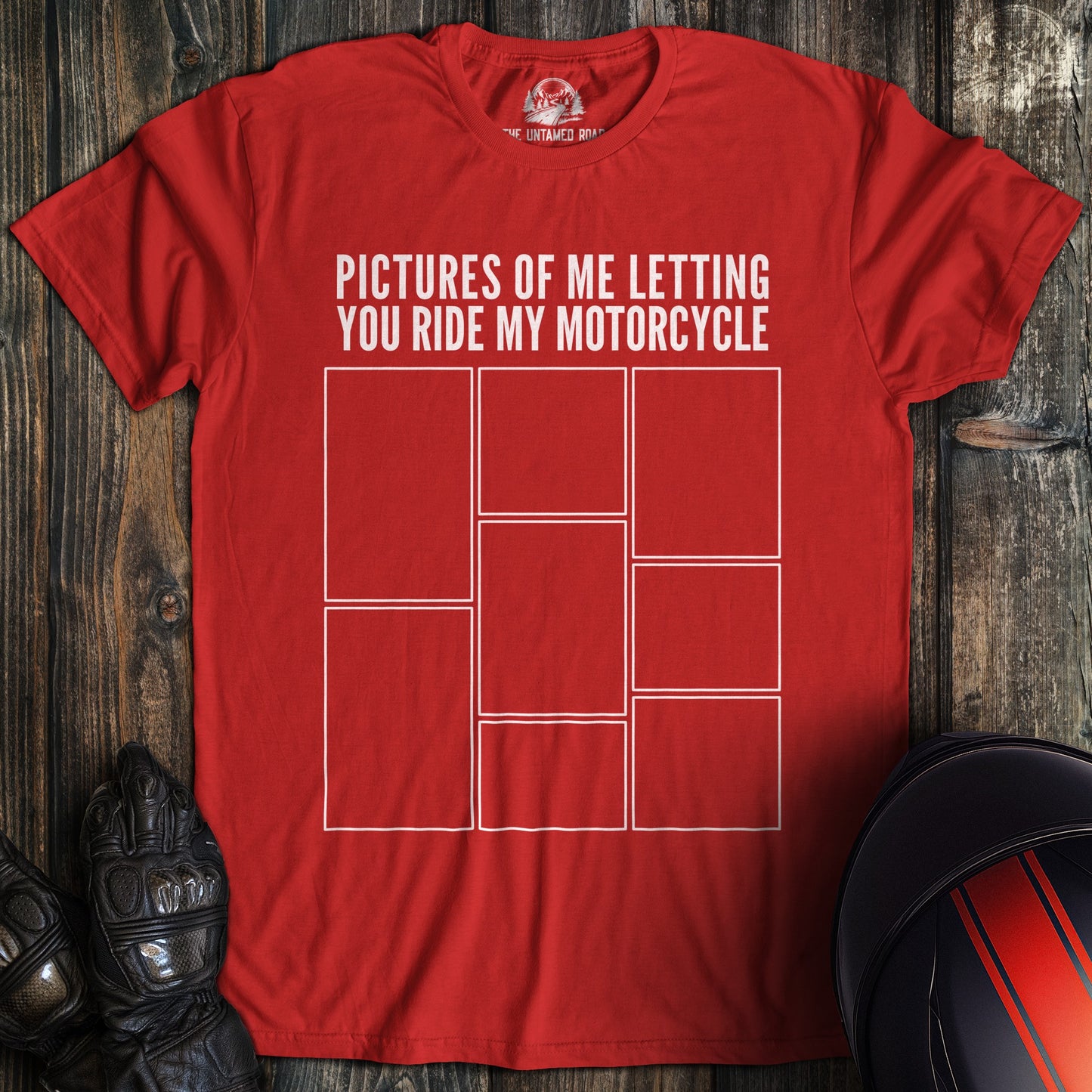 A red colored t-shirt with the words "letting you ride" printed on the front.