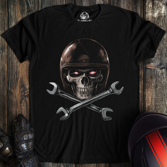 A black colored t-shirt with the words "skull and wrenches" printed on the front.