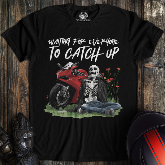 A black colored t-shirt with the words "waiting for everyone 02" printed on the front.