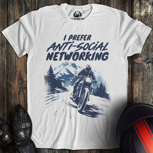 A white colored t-shirt with the words "anti social networking 01" printed on the front.