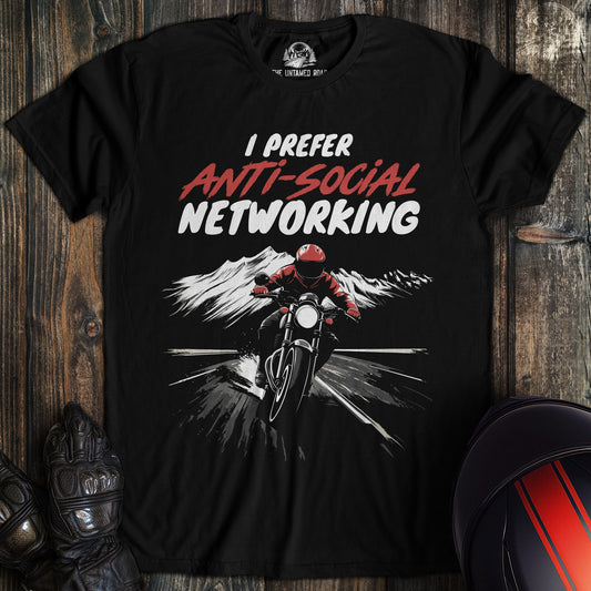 A black colored t-shirt with the words "anti social networking 02" printed on the front.