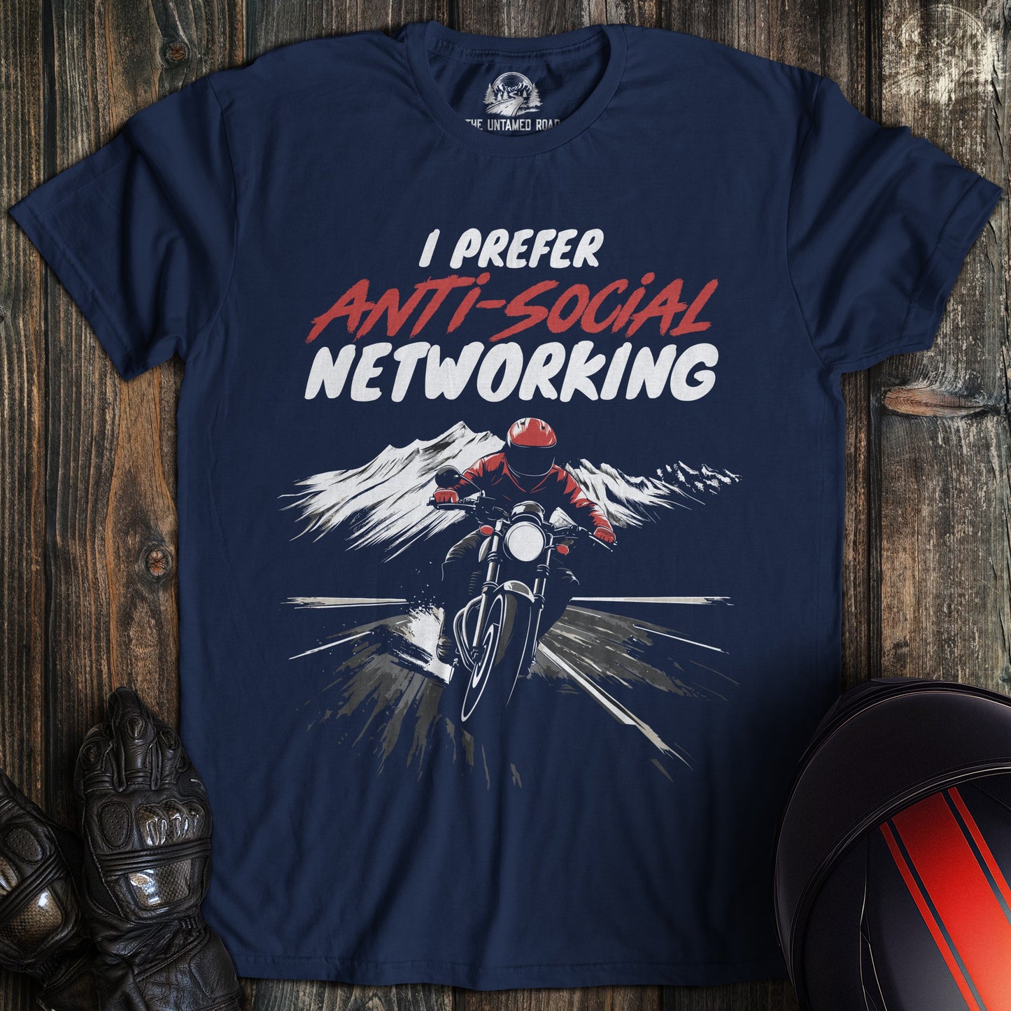 A navy colored t-shirt with the words "anti social networking 02" printed on the front.