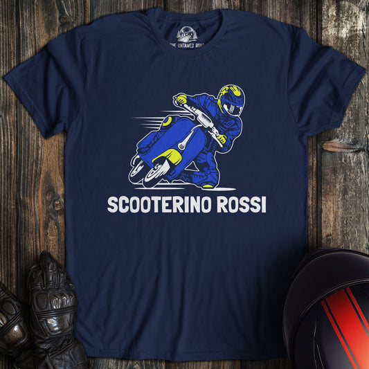 A navy colored t-shirt with the words "scooterino rossi" printed on the front.