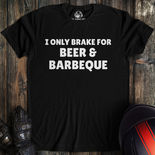 A black colored t-shirt with the words "brake for beer and bbq" printed on the front.