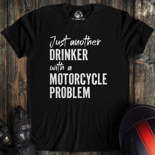 A black colored t-shirt with the words "drinker with problem" printed on the front.