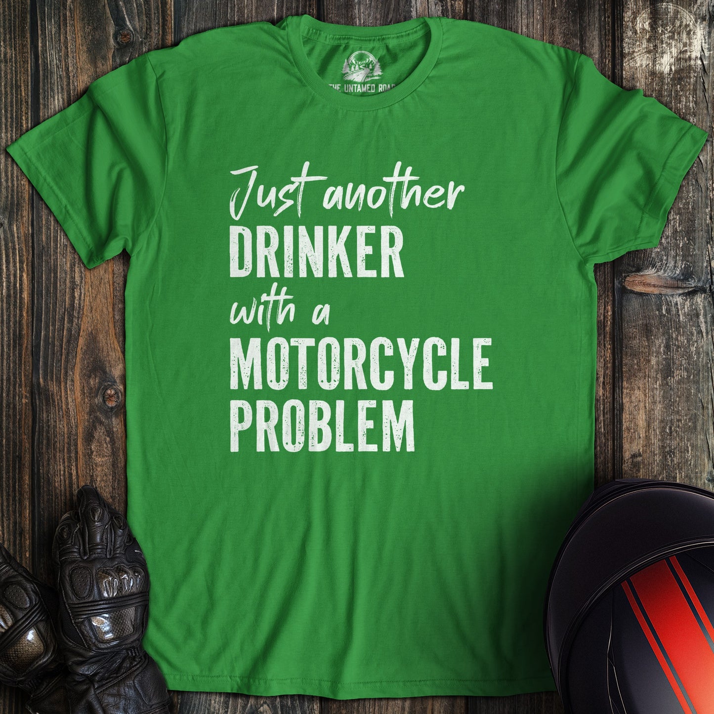 A irish green colored t-shirt with the words "drinker with problem" printed on the front.