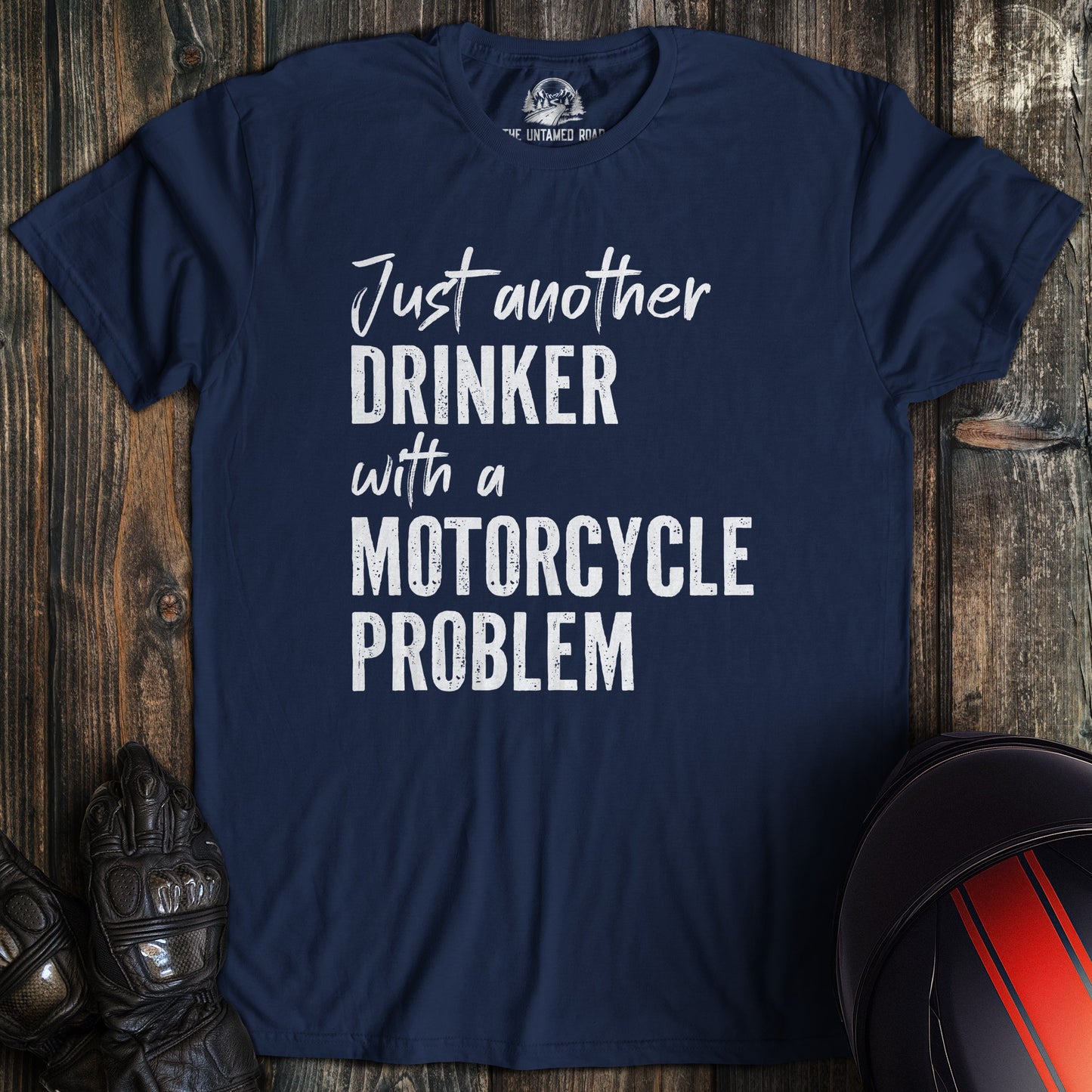 A navy colored t-shirt with the words "drinker with problem" printed on the front.