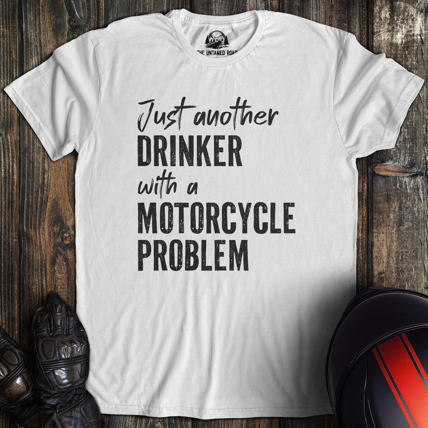 A white colored t-shirt with the words "drinker with problem" printed on the front.