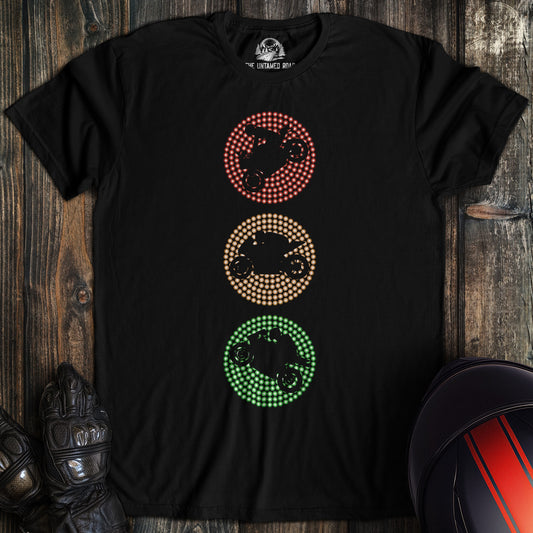 A black colored t-shirt with the words "traffic lights" printed on the front.