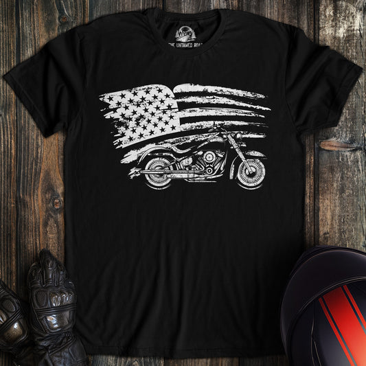 A black colored t-shirt with the words "harley flag" printed on the front.