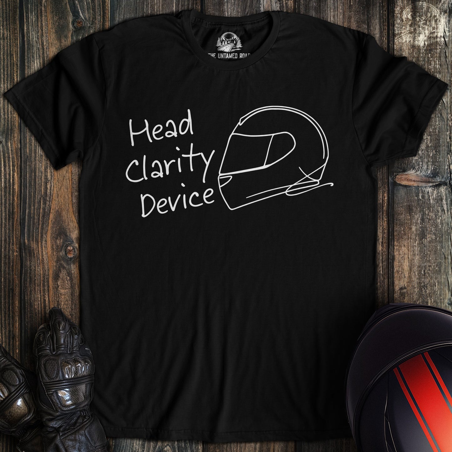 A black t-shirt featuring a white line drawing of a motorcycle helmet and the text Head Clarity Device.