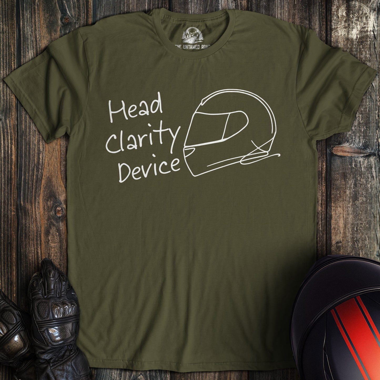 A military green t-shirt featuring a white line drawing of a motorcycle helmet and the text Head Clarity Device.