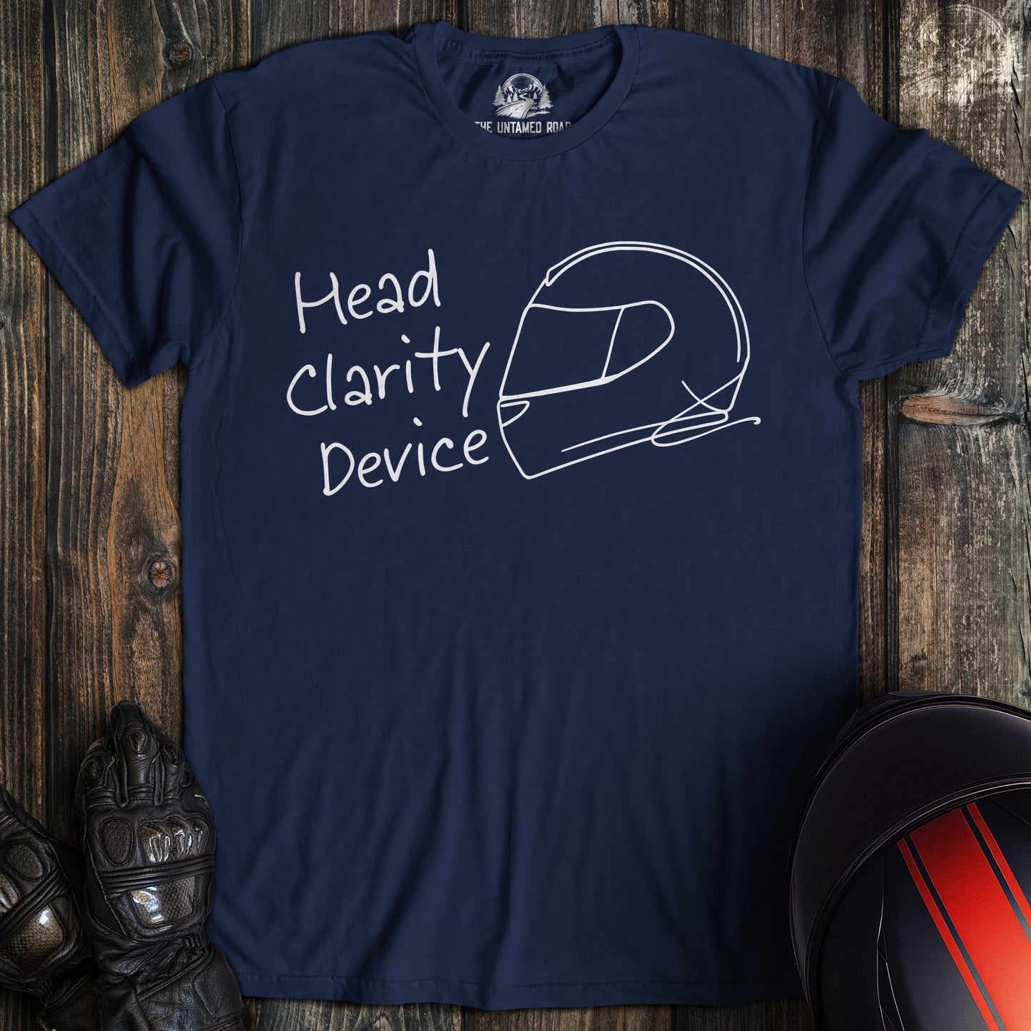 A navy blue t-shirt featuring a white line drawing of a motorcycle helmet and the text Head Clarity Device.