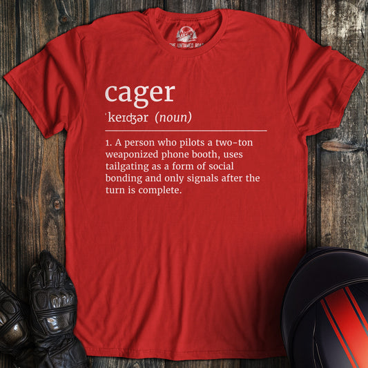 A red colored t-shirt with the words "cager definition" printed on the front.