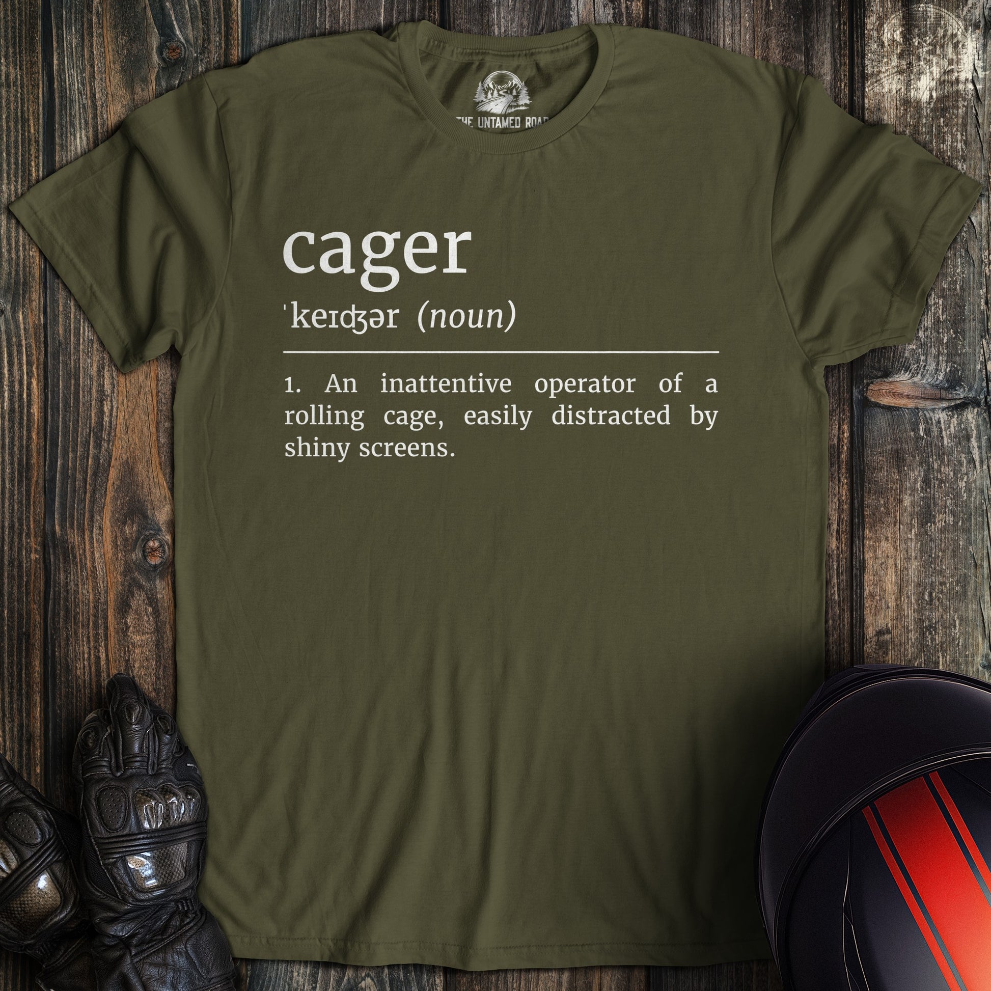 A military green colored t-shirt with the words "cager definition 2" printed on the front.