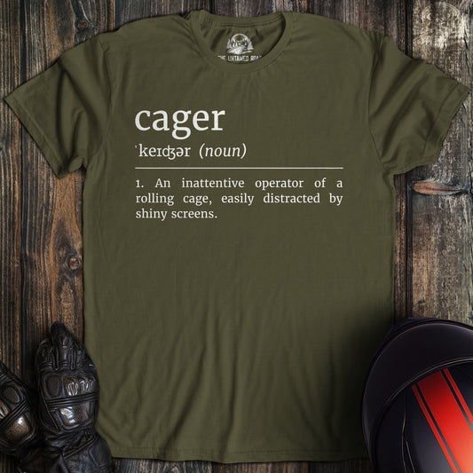 A military green colored t-shirt with the words "cager definition 2" printed on the front.