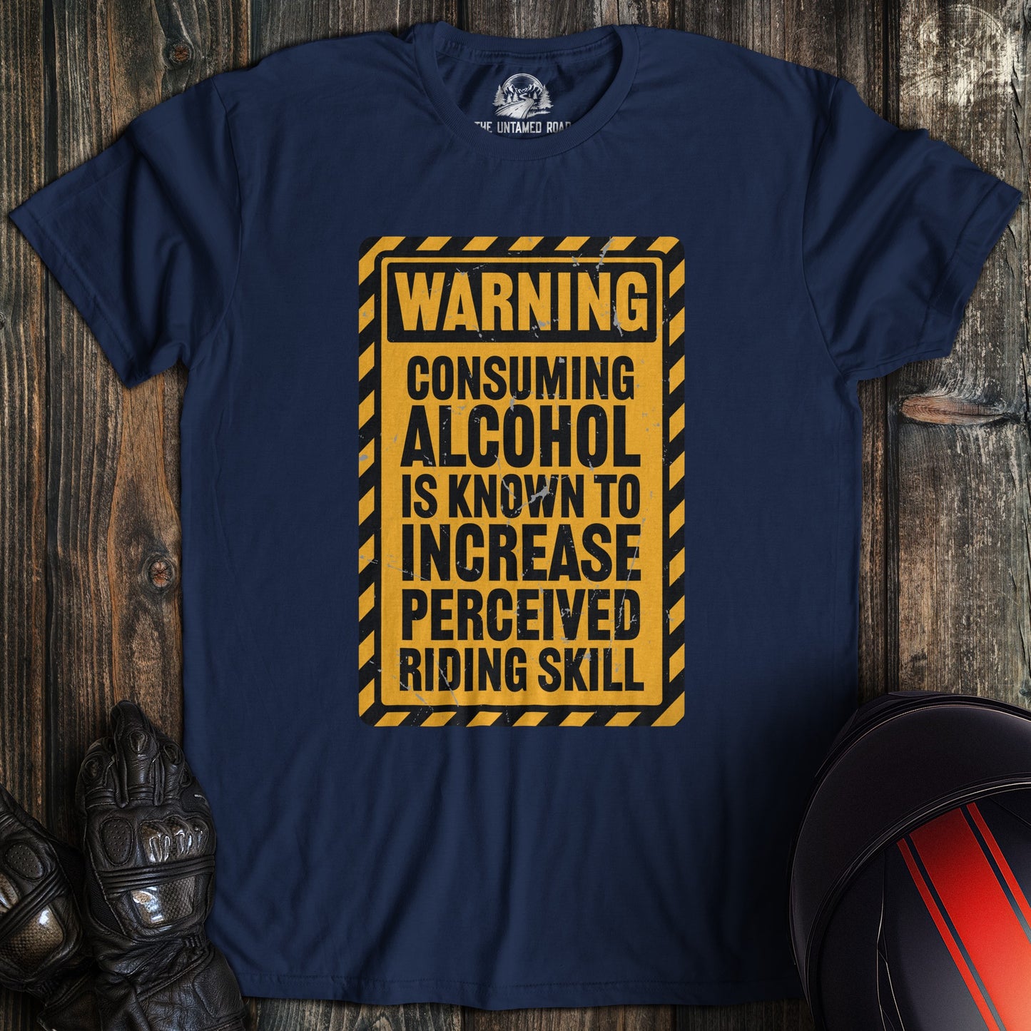 A navy colored t-shirt with the words "alcohol riding skill" printed on the front.