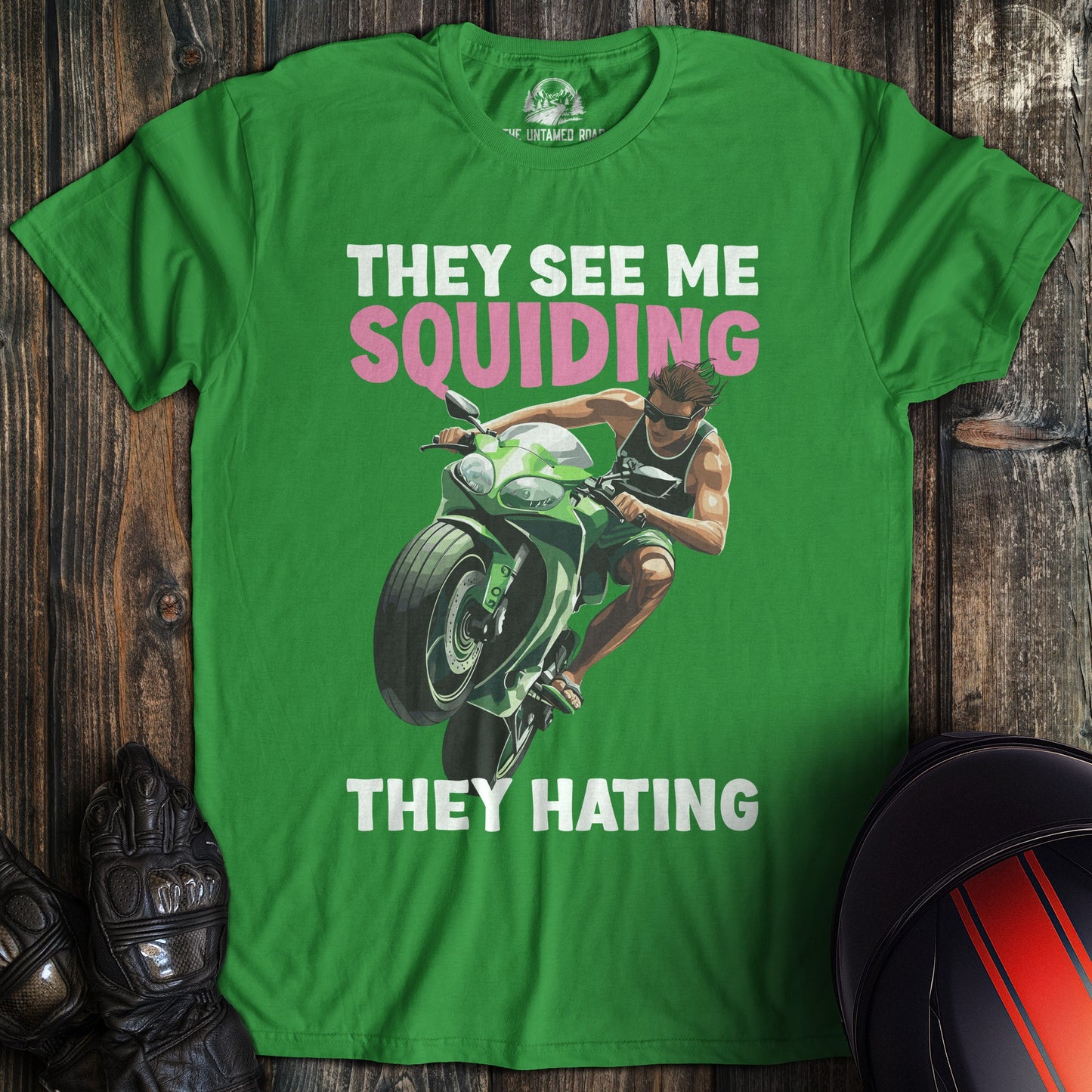 A irish green colored t-shirt with the words "squidding" printed on the front.