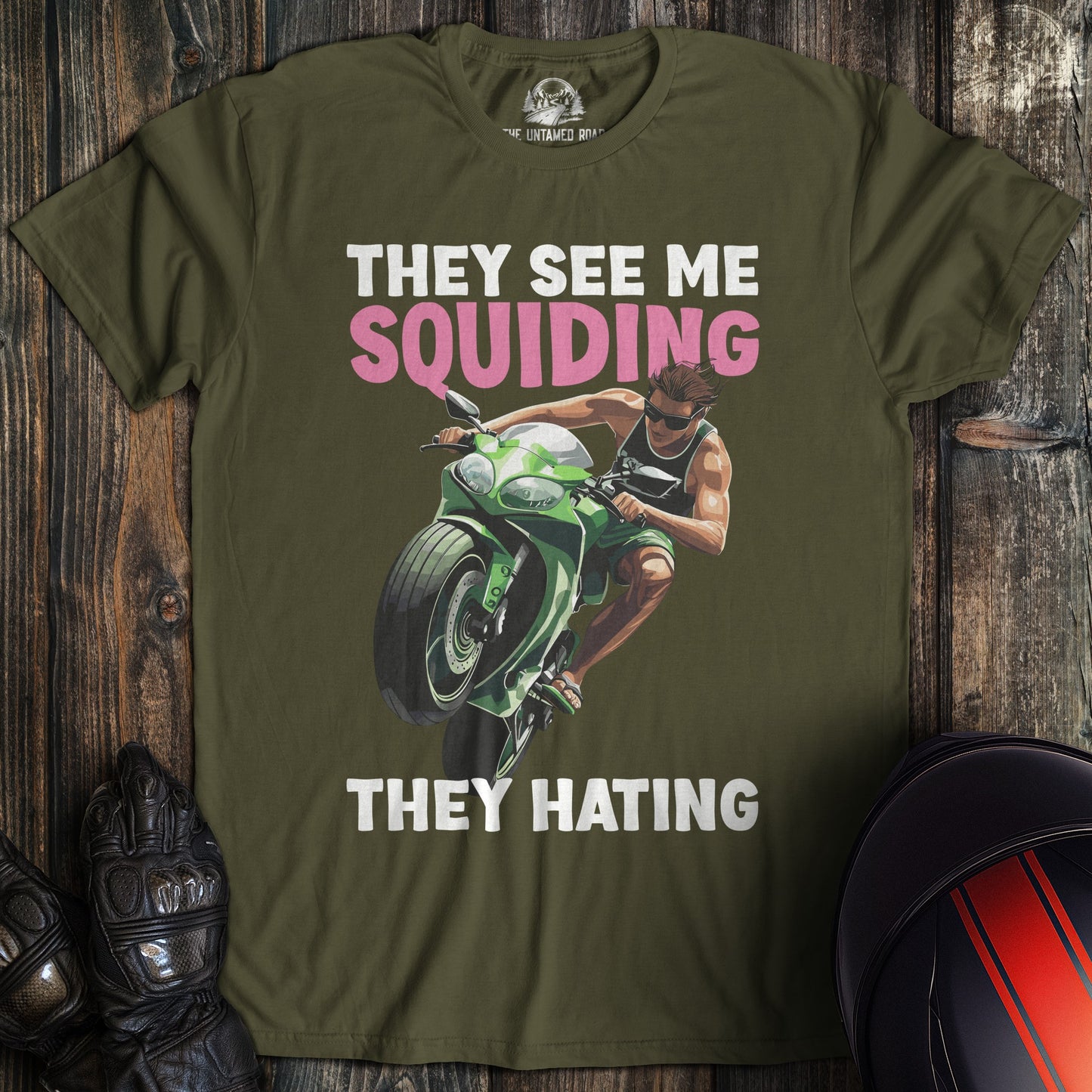 A military green colored t-shirt with the words "squidding" printed on the front.