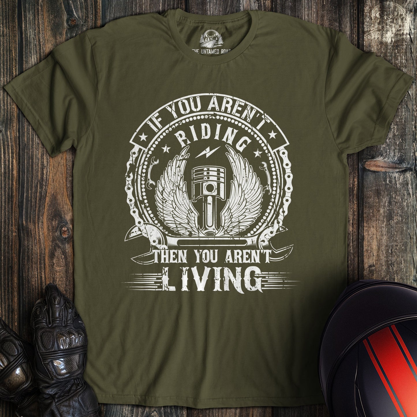 A military green colored t-shirt with the words "arent living" printed on the front.