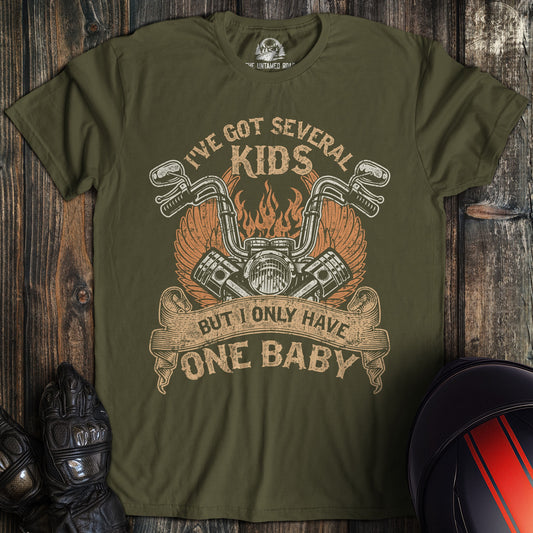A military green colored t-shirt with the words "one baby" printed on the front.