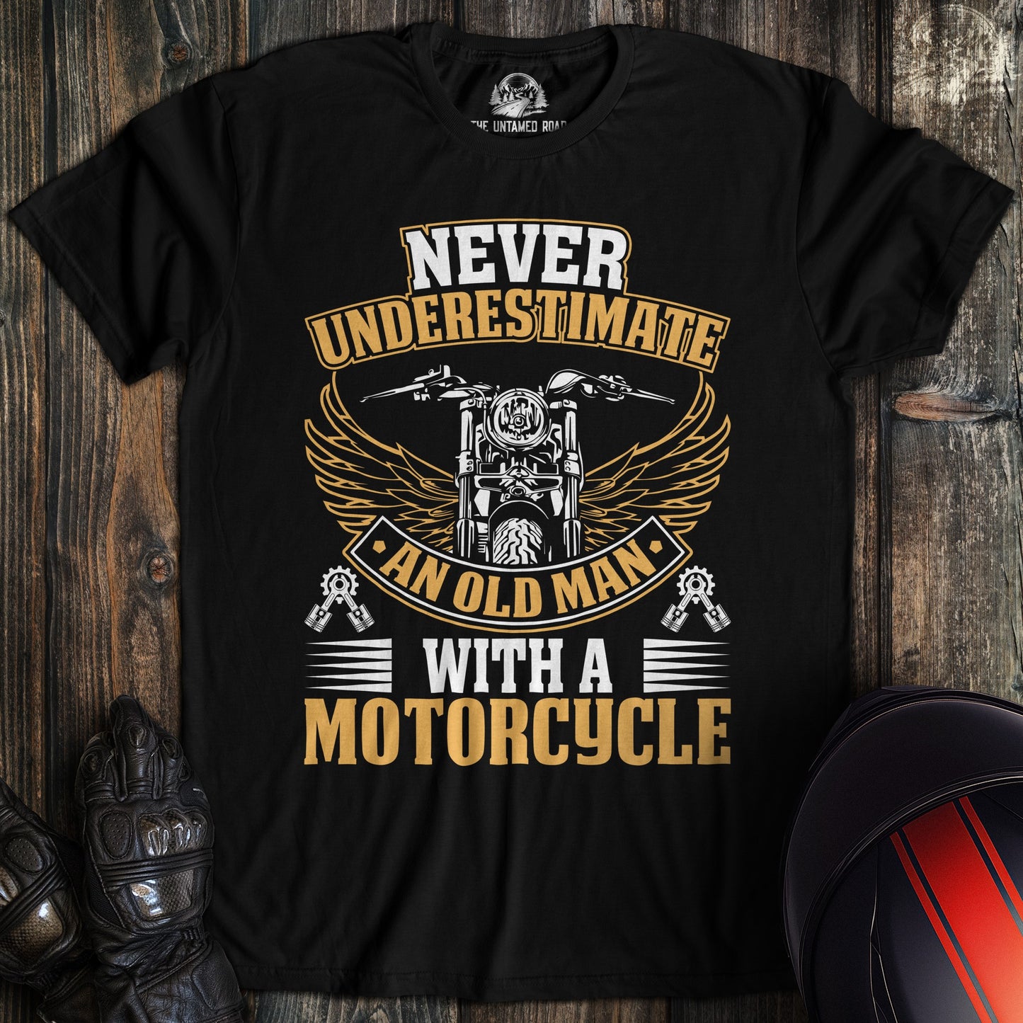 A black colored t-shirt with the words "old man motorcycle" printed on the front.