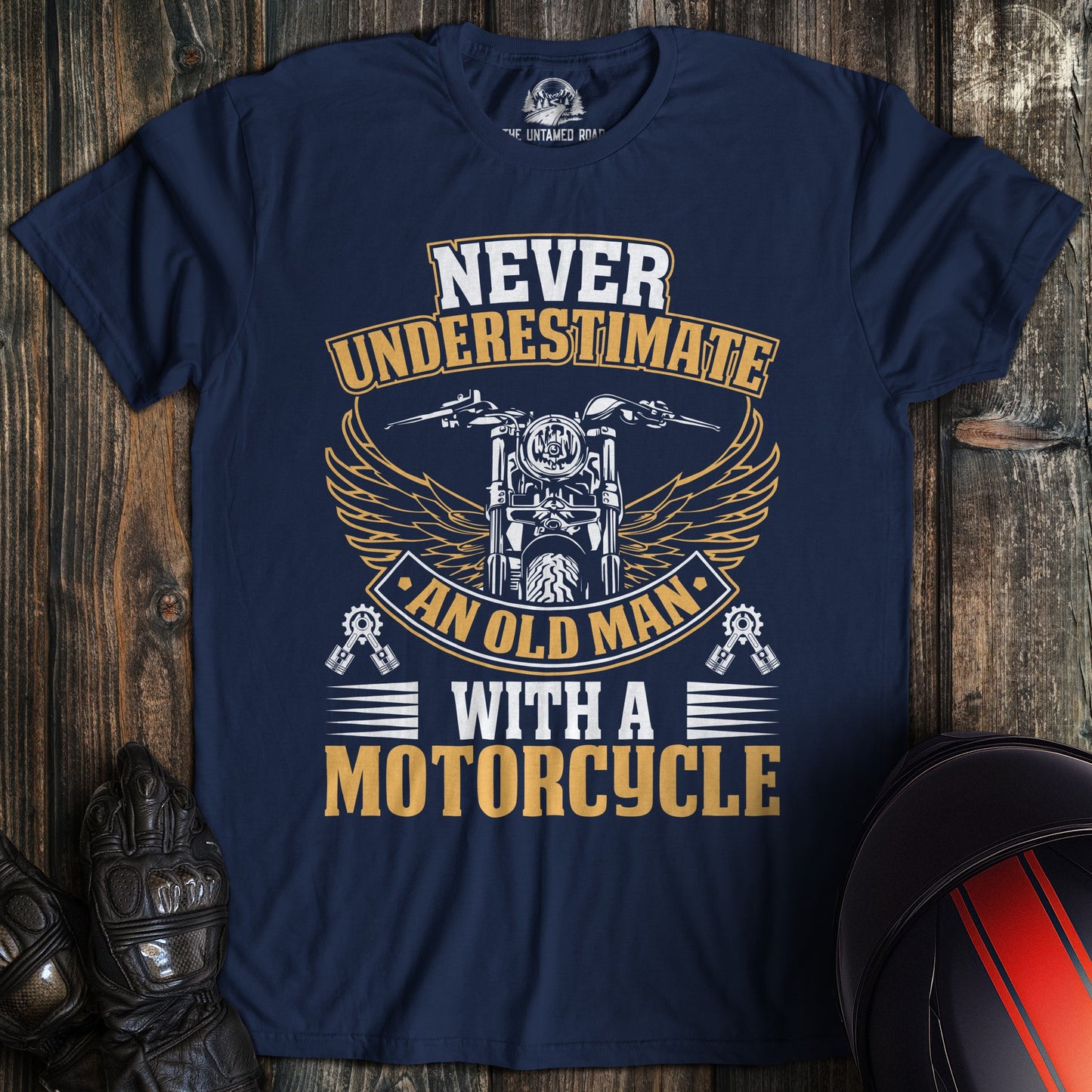 A navy colored t-shirt with the words "old man motorcycle" printed on the front.