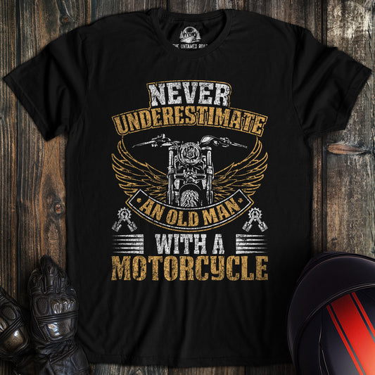 A black colored t-shirt with the words "old man motorcycle distressed" printed on the front.